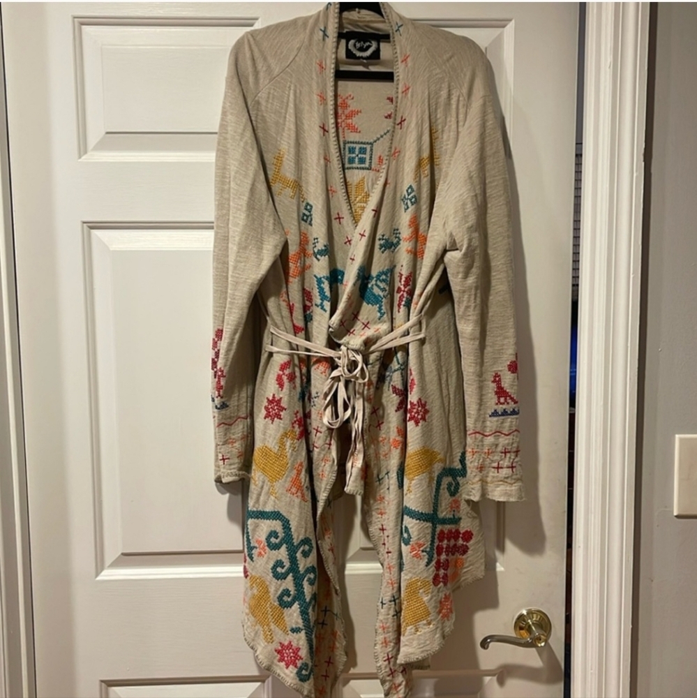 Johnny Was BiYa Anthropologie Embroidered Cotton Boho Wrap Cardigan Jacket XL